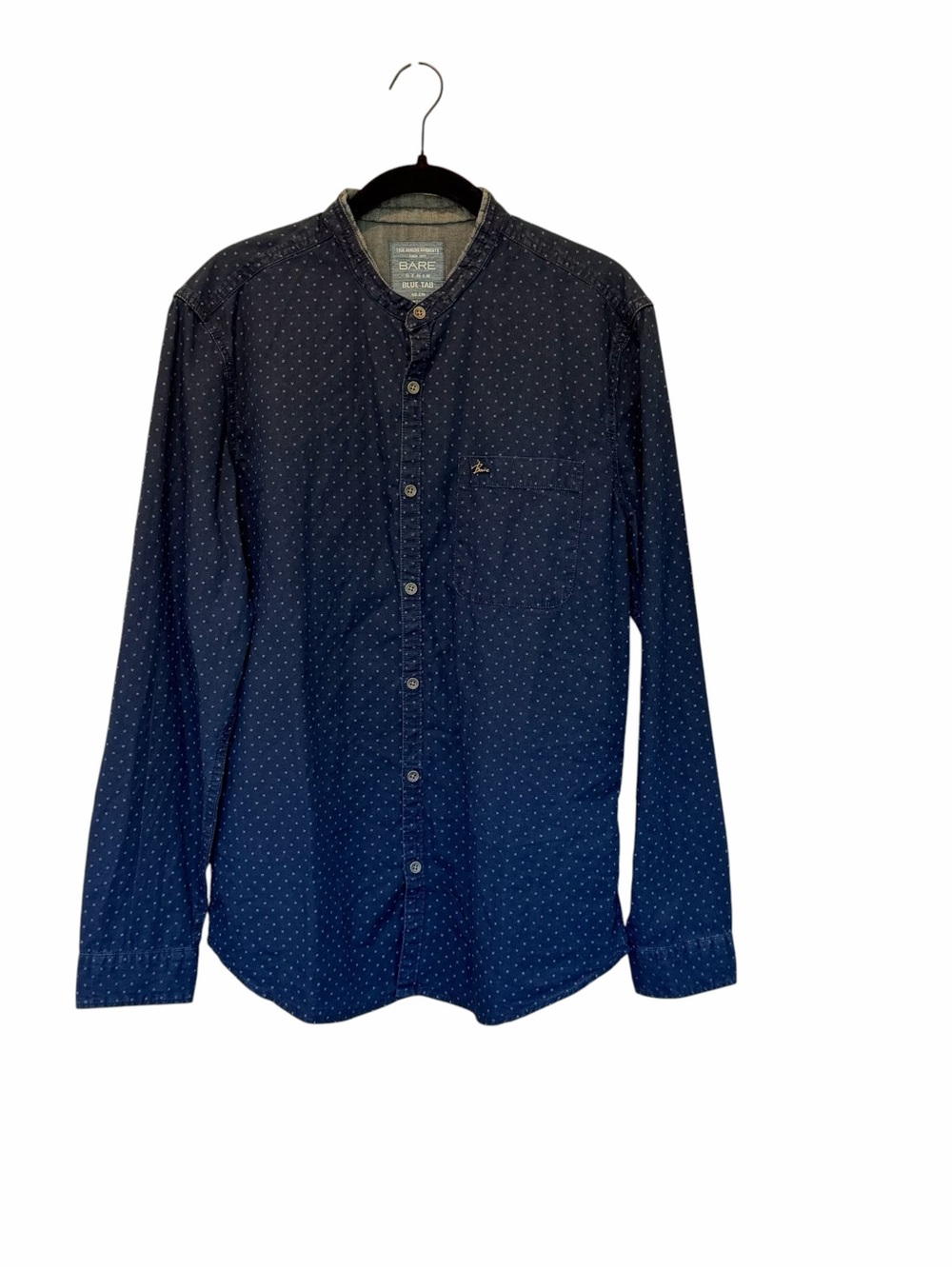 Bare Denim Men's Navy Dot-Print Band Collar Button-Down Classic Casual Shirt M/L